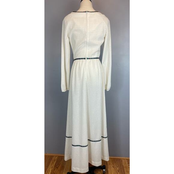 Vtg 70s Slub Knit White Boho Peasant Maxi Dress Rose Trim Boho Hippie Small - Picture 3 of 9